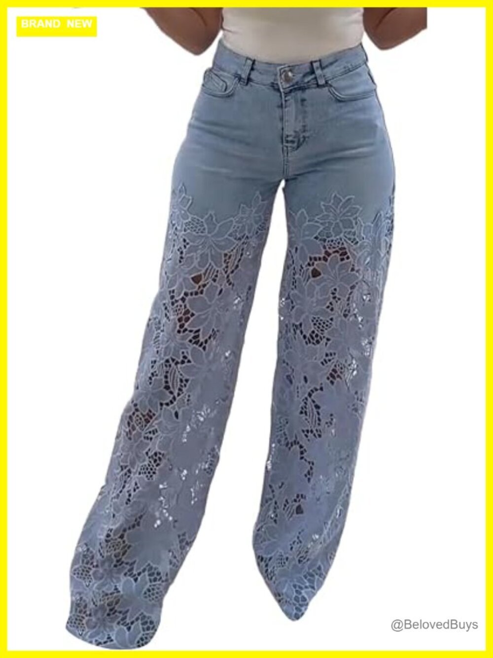 Lace Patchwork High Waisted Wide Leg Hollow Out Sheer Baggy Stretch Denim Jeans